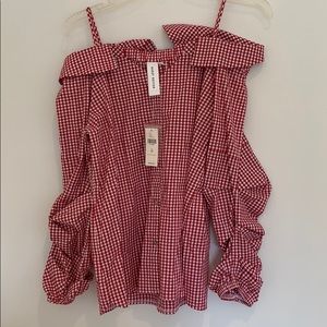 Anthropologie Red Gingham Off Shoulder Top